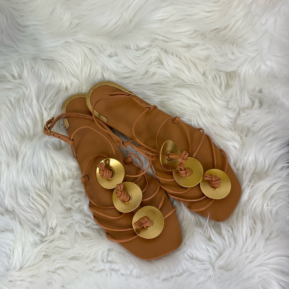 Tory Burch Camel Leather Knotted Disk Embellished Strappy Flat Sandals Size 9 - Picture 4 of 10